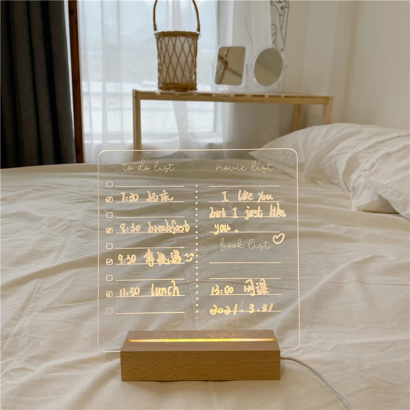 MINKYS New Arrival USB Acrylic Daily Moments Photo Memo Message Board With Wood Stand Holder Set Lamp Creative School Stationery