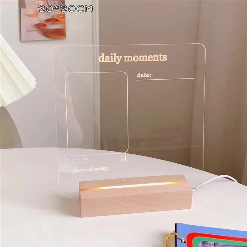 Note Message Board Night Light Writing Glow Memo Acrylic Daily Moment Photo Board Wood Holder Lamp Gift Room Decor Led Lights