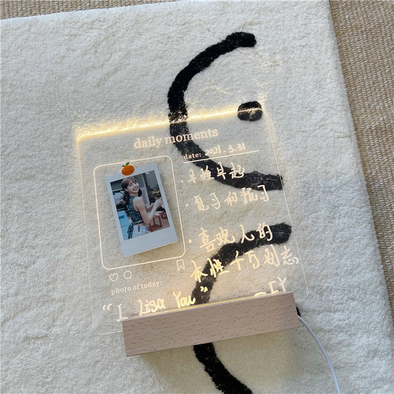 MINKYS New Arrival USB Acrylic Daily Moments Photo Memo Message Board With Wood Stand Holder Set Lamp Creative School Stationery