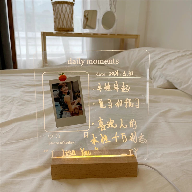 MINKYS New Arrival USB Acrylic Daily Moments Photo Memo Message Board With Wood Stand Holder Set Lamp Creative School Stationery