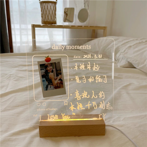 MINKYS New Arrival USB Acrylic Daily Moments Photo Memo Message Board With Wood Stand Holder Set Lamp Creative School Stationery