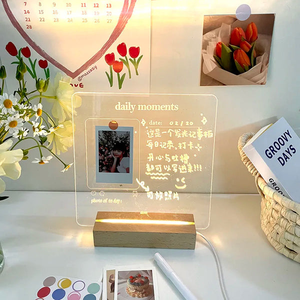 MINKYS New Arrival USB Acrylic Daily Moments Photo Memo Message Board With Wood Stand Holder Set Lamp Creative School Stationery