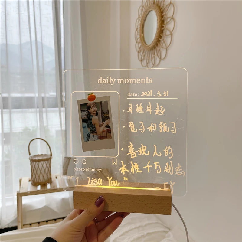 MINKYS New Arrival USB Acrylic Daily Moments Photo Memo Message Board With Wood Stand Holder Set Lamp Creative School Stationery