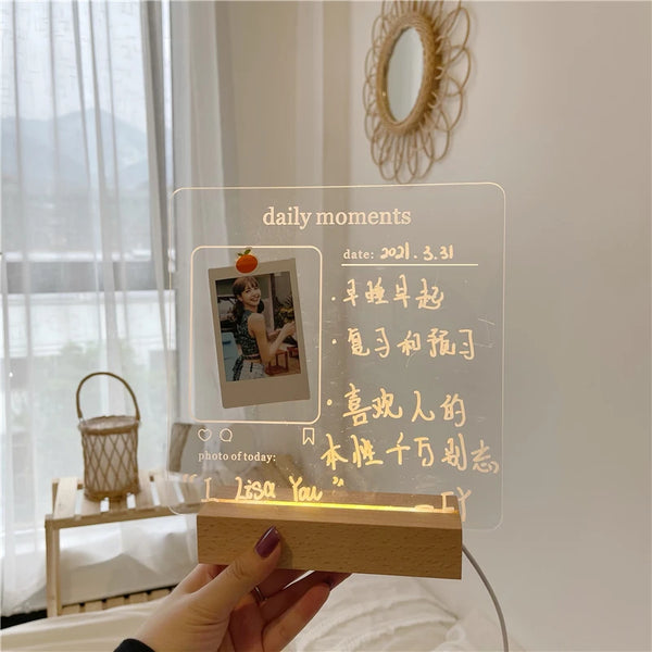 MINKYS New Arrival USB Acrylic Daily Moments Photo Memo Message Board With Wood Stand Holder Set Lamp Creative School Stationery