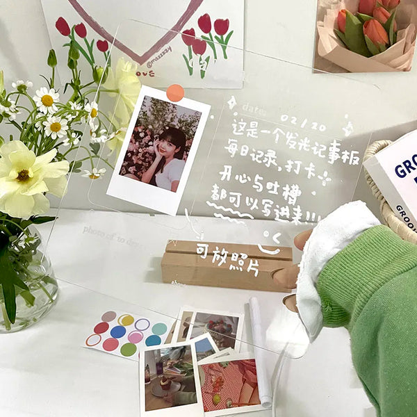 MINKYS New Arrival USB Acrylic Daily Moments Photo Memo Message Board With Wood Stand Holder Set Lamp Creative School Stationery
