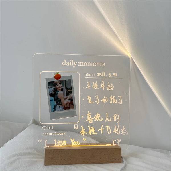 MINKYS New Arrival USB Acrylic Daily Moments Photo Memo Message Board With Wood Stand Holder Set Lamp Creative School Stationery