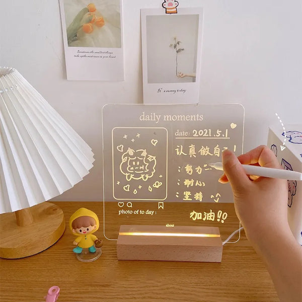 Note Message Board Night Light Writing Glow Memo Acrylic Daily Moment Photo Board Wood Holder Lamp Gift Room Decor Led Lights