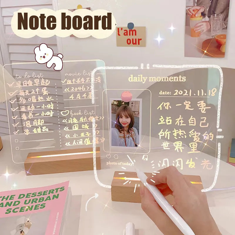 Note Message Board Night Light Writing Glow Memo Acrylic Daily Moment Photo Board Wood Holder Lamp Gift Room Decor Led Lights