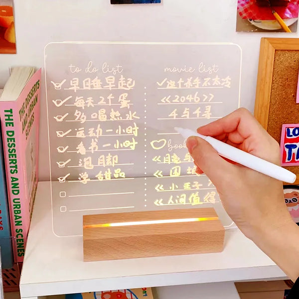 Note Message Board Night Light Writing Glow Memo Acrylic Daily Moment Photo Board Wood Holder Lamp Gift Room Decor Led Lights