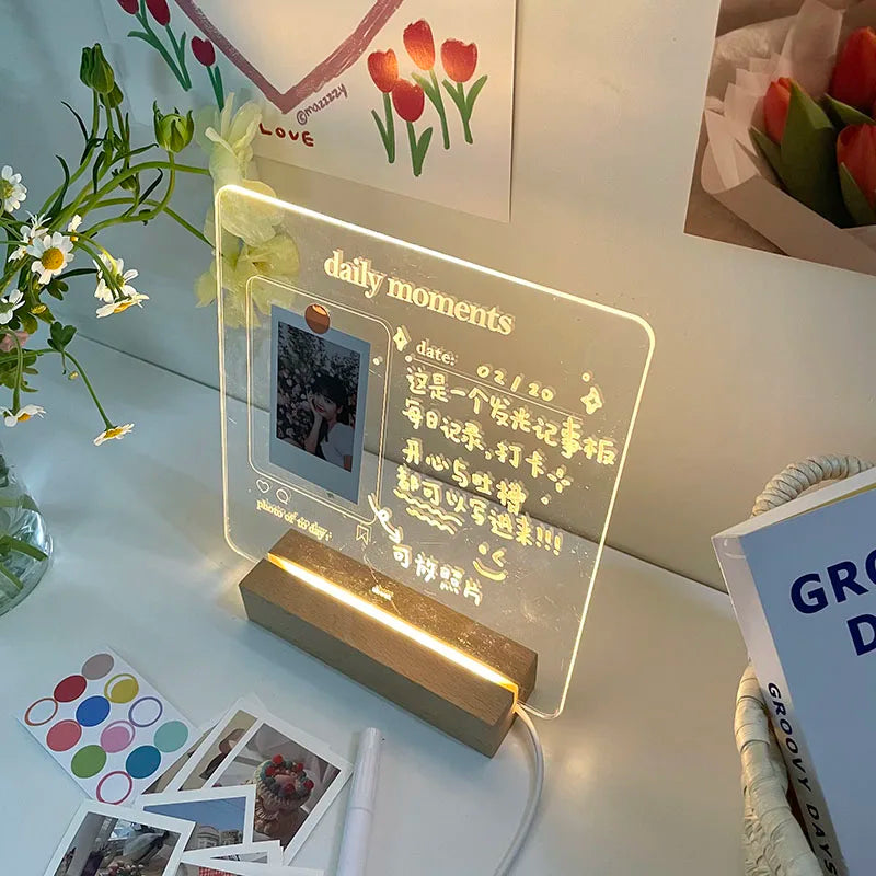 MINKYS New Arrival USB Acrylic Daily Moments Photo Memo Message Board With Wood Stand Holder Set Lamp Creative School Stationery