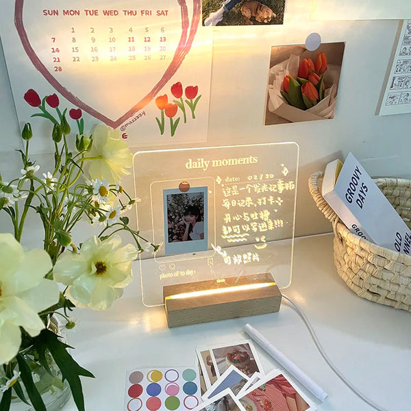 MINKYS New Arrival USB Acrylic Daily Moments Photo Memo Message Board With Wood Stand Holder Set Lamp Creative School Stationery