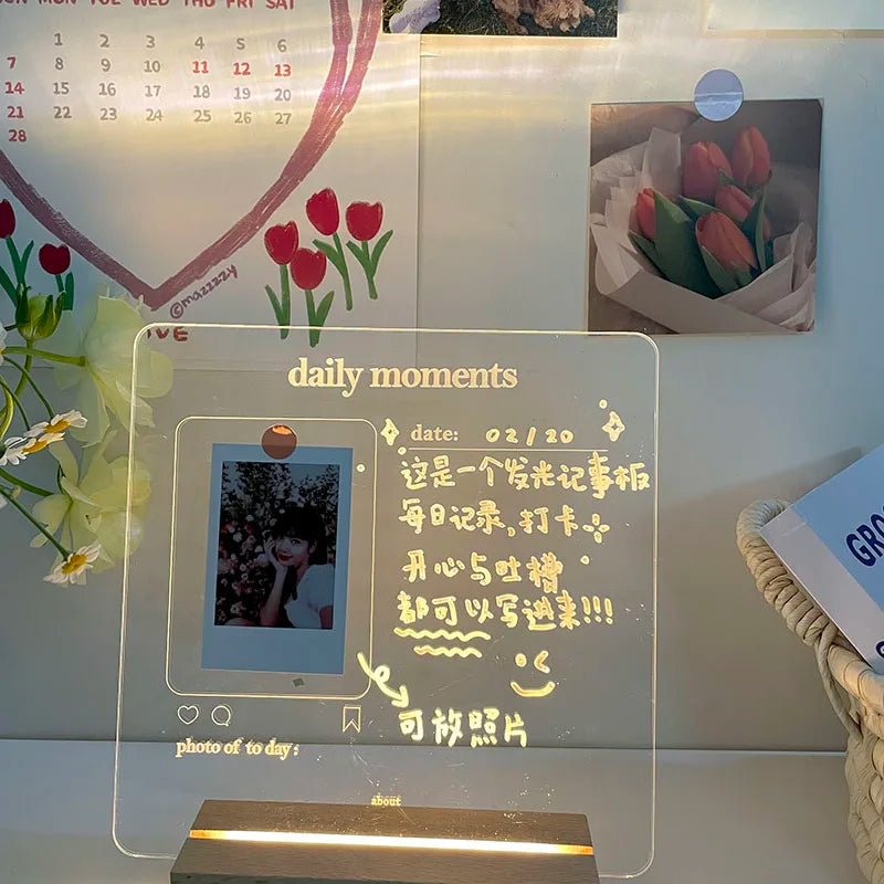 MINKYS New Arrival USB Acrylic Daily Moments Photo Memo Message Board With Wood Stand Holder Set Lamp Creative School Stationery
