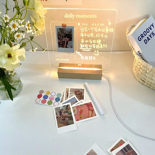 MINKYS New Arrival USB Acrylic Daily Moments Photo Memo Message Board With Wood Stand Holder Set Lamp Creative School Stationery