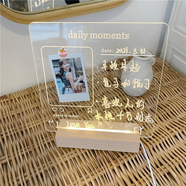 MINKYS New Arrival USB Acrylic Daily Moments Photo Memo Message Board With Wood Stand Holder Set Lamp Creative School Stationery